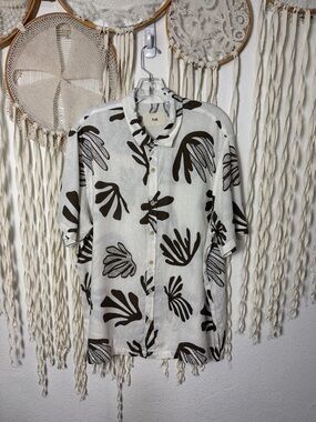 FOLK Men's Linen Blend Short Sleeve Casual Button Down Shirt Size L